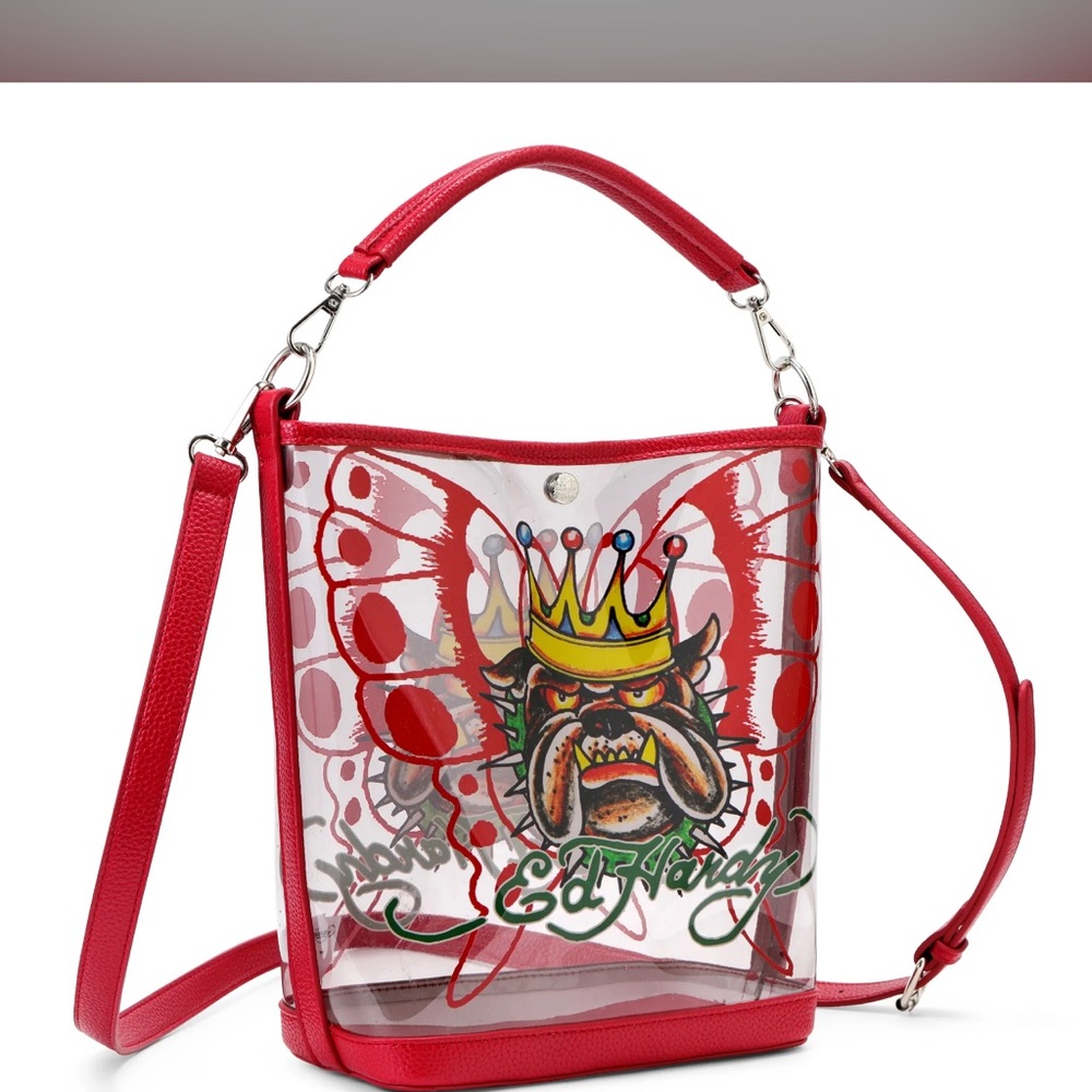 Ed Hardy Red and Transparent Shoulder/Crossbody/Tote Bag